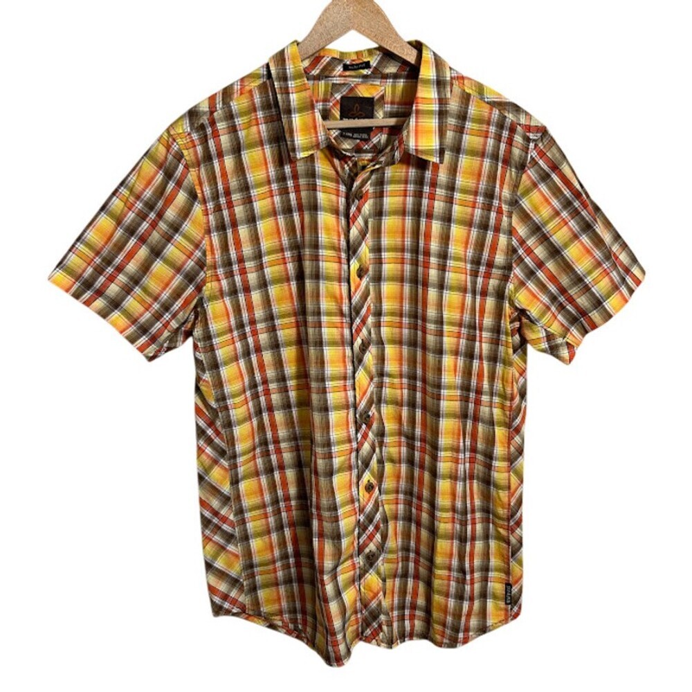 Prana Mens Elliot Plaid Button Up Shirt XL Orange Brown Short Sleeve Organic